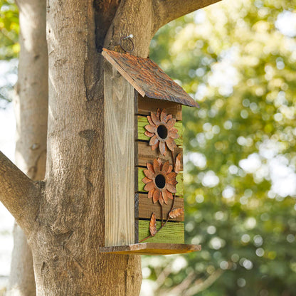 Glitzhome 14.5" H Wooden Garden Bird House Hanging Two-Tiered Distressed with Flowers Decorative Birdhouse - WoodArtSupply