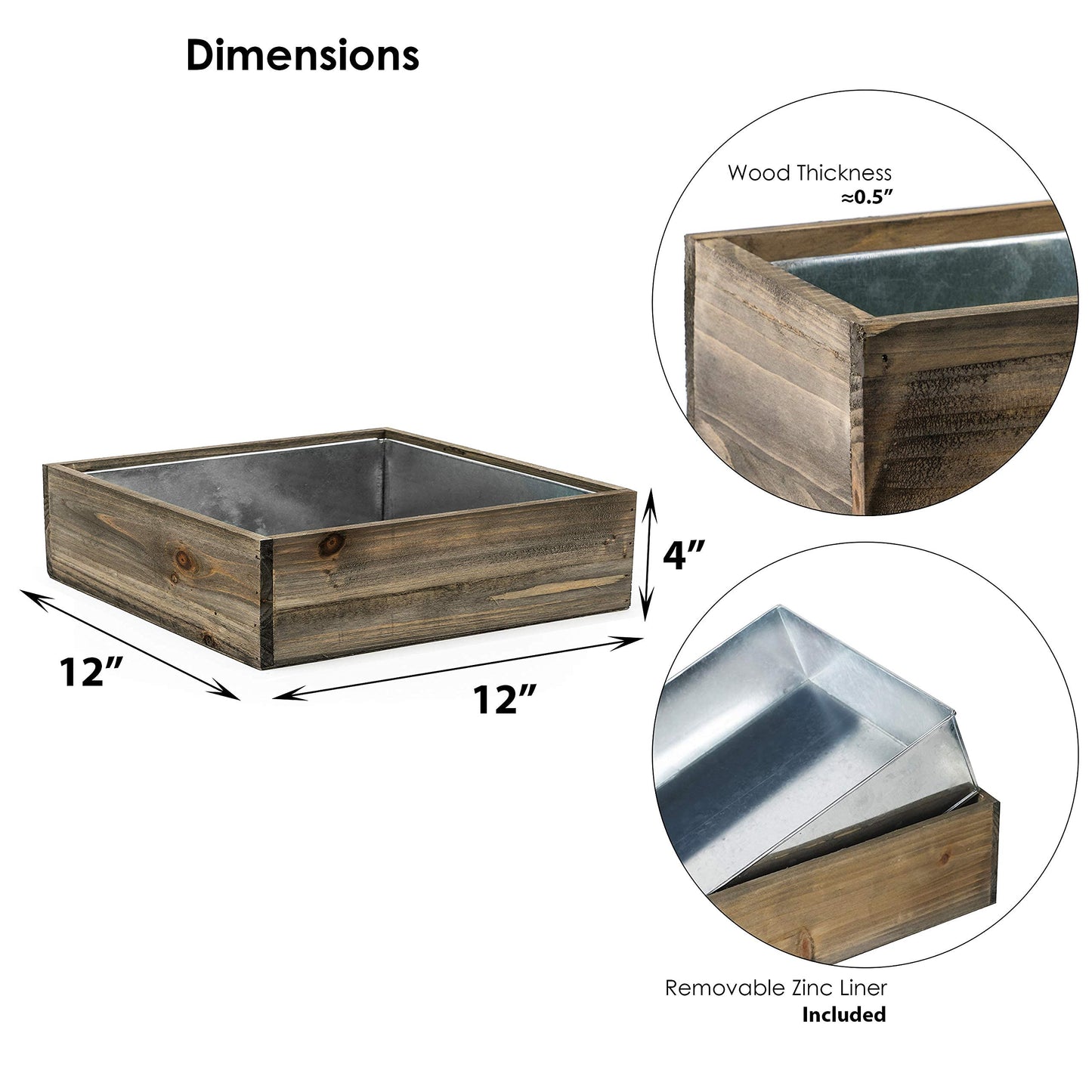 CYS EXCEL Wood Square Planter Box with Removable Zinc Metal Liner (H:4" Open:12"x12") | Multiple Size Choices Wooden Planters | Indoor Decorative