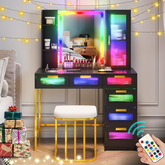 SKKTKT RGB LED Vanity Desk with Mirror and Lights, 39.5" Black Makeup Vanity Table with Auto Sensor Flow Dazzling Lights and Wireless/USB/Type C - WoodArtSupply