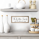 Personalized Framed Wooden Family Name Sign (6" x 18", Weathered Grey Frame, White Background) MRC Wood Products