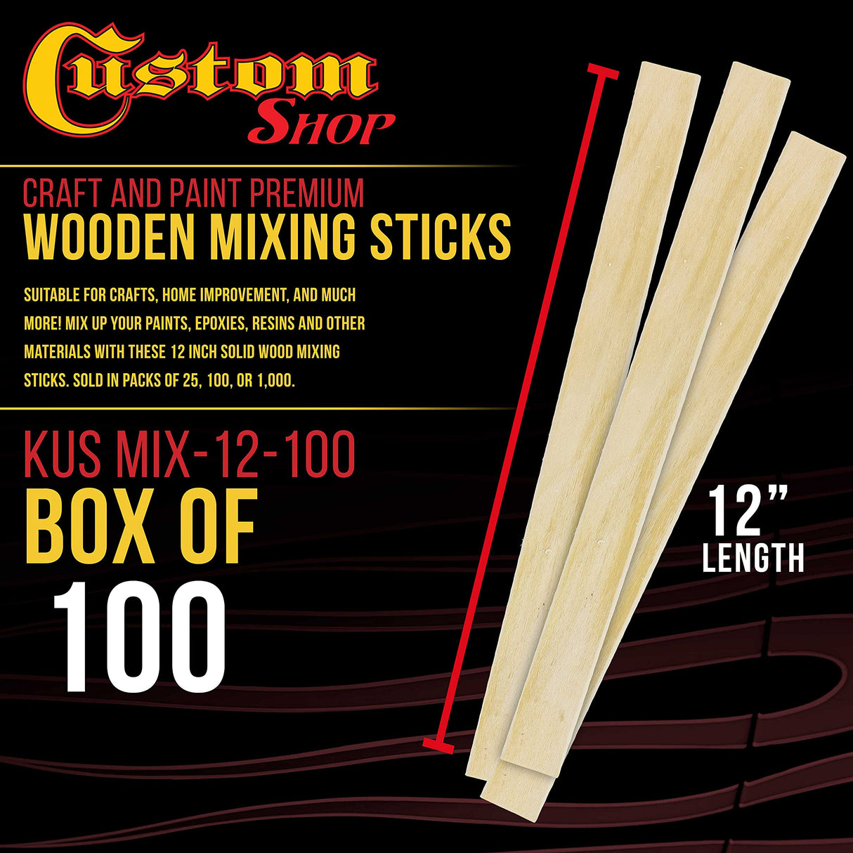 Custom Shop Craft and Paint Sticks - (Pack -100 Sticks) 12" Inch Premium Grade Wood Stirrers/Paddles - Use for Wood Crafts - Paddle to Mix Epoxy Custom Shop