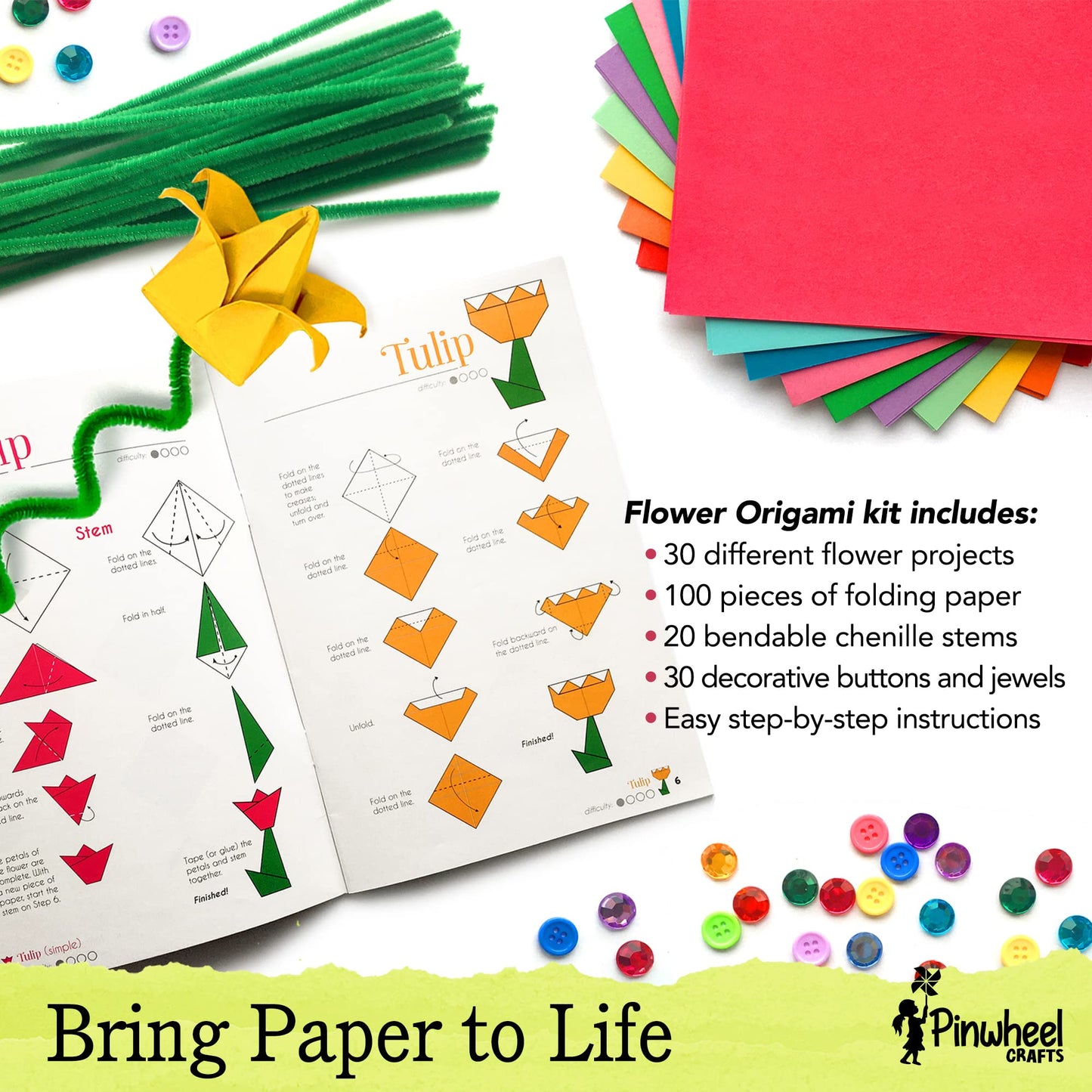 Kids Origami Paper Kit: Girls Multi Color Foldable Paper Sheets For Flowers With Decorative Charms & Accessories - Craft Supplies Set With