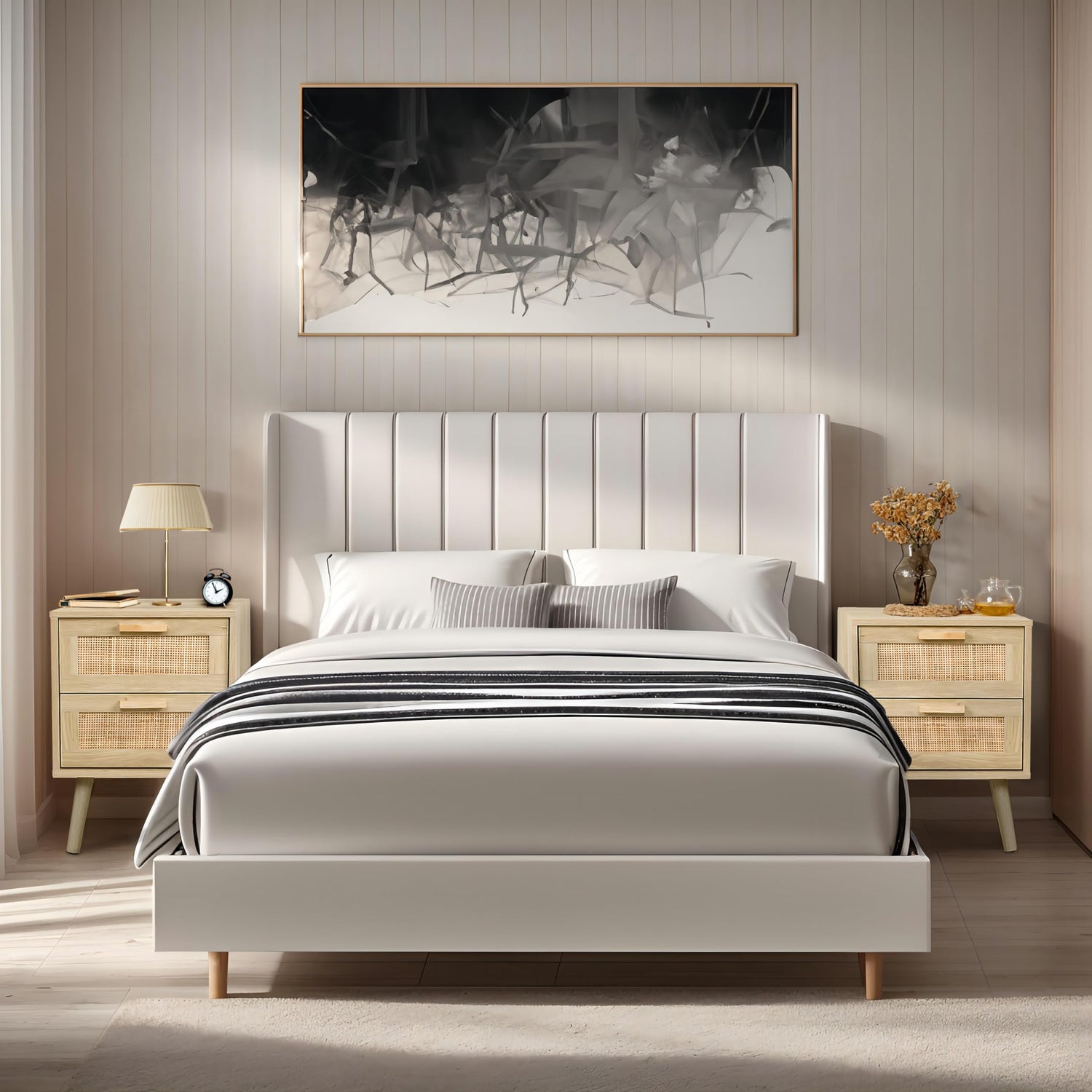 Finnhomy Nightstand, End Table, Side Table with 2 Hand Made Rattan Decorated Drawers, Nightstands Set of 2, Wood Accent Table with Storage for Finnhomy