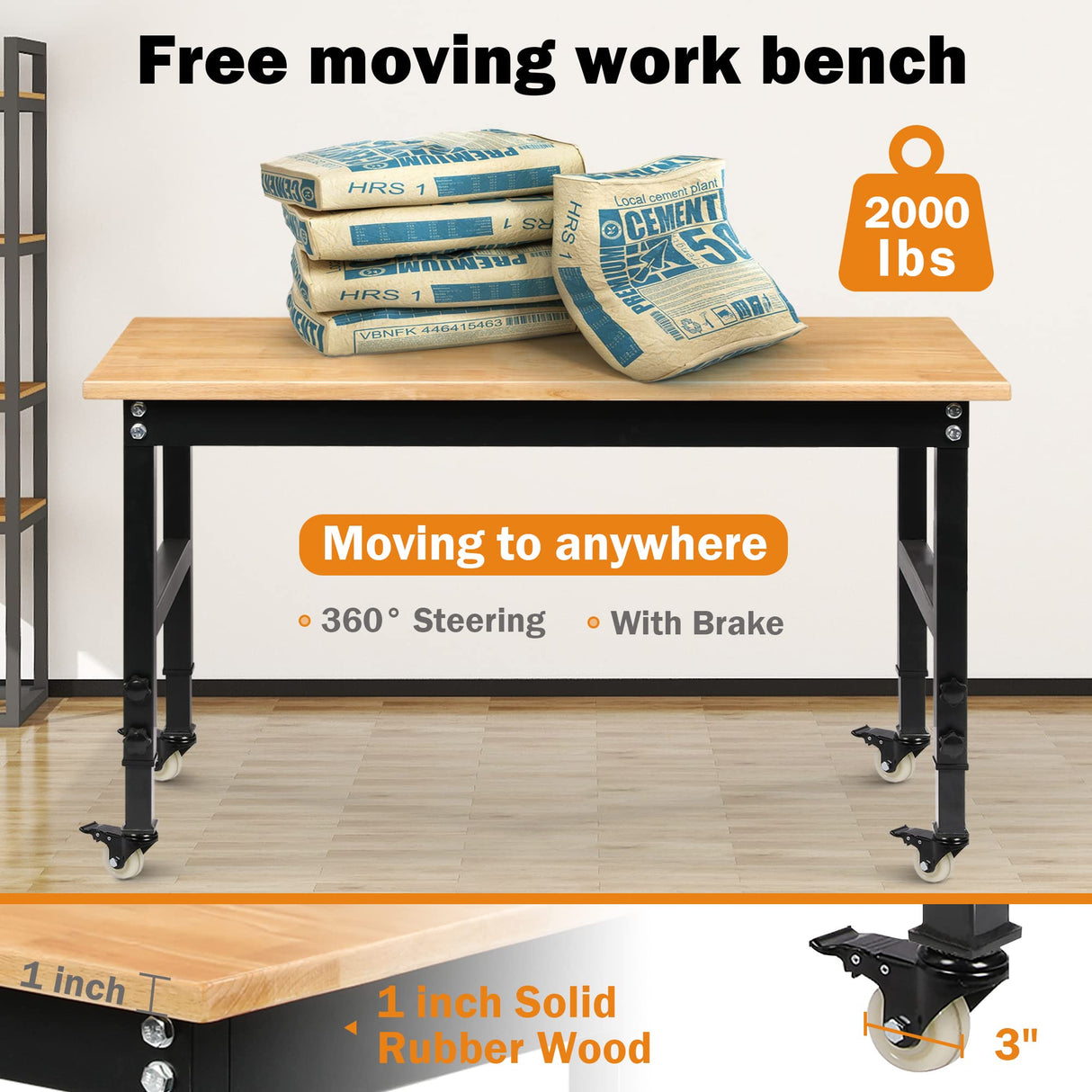 Betterhood 48" Heavy-Duty Adjustable Workbench for Garage, Rubber Wood Shop Table W/Metal Wheels, Hardwood Workstation Weight Capacity Over 2000 Lbs Betterhood