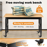 Betterhood 48" Heavy-Duty Adjustable Workbench for Garage, Rubber Wood Shop Table W/Metal Wheels, Hardwood Workstation Weight Capacity Over 2000 Lbs Betterhood
