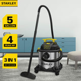 STANLEY SL18115 Wet/Dry Vacuum, 4 Horsepower, Stainless Steel Tank, 5 Gallon, 4.0 HP, 50" Sealed Pressure, Silver+Yellow STANLEY