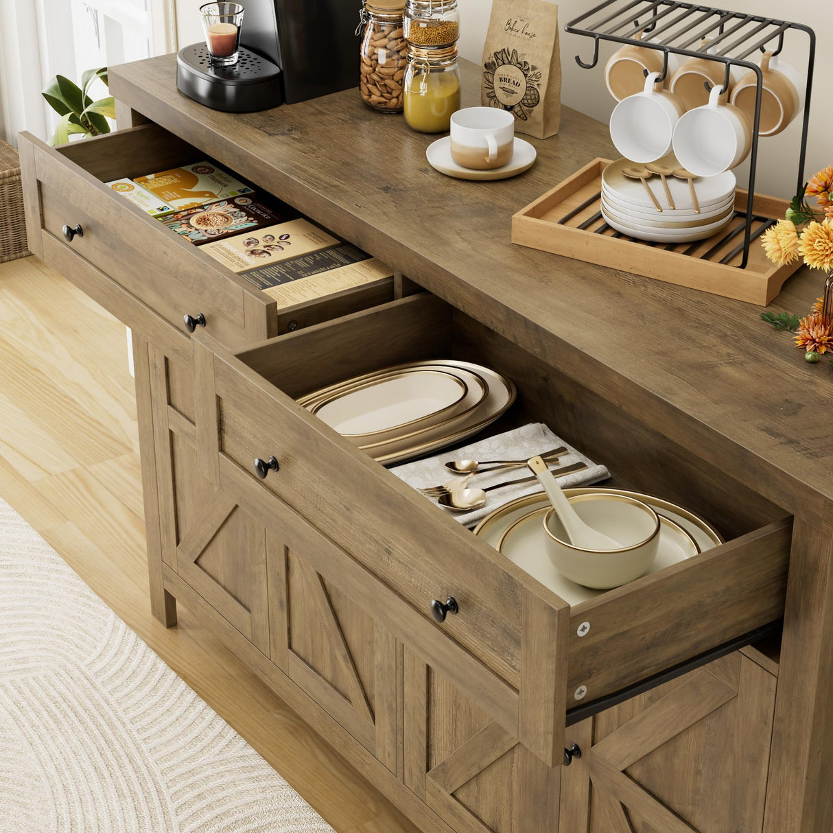 HOSTACK 55" Buffet Sideboard Cabinet with Storage, Modern Farmhouse Coffee Bar Cabinet with Drawers and Shelves, Barn Doors Storage Cabinet for HOSTACK