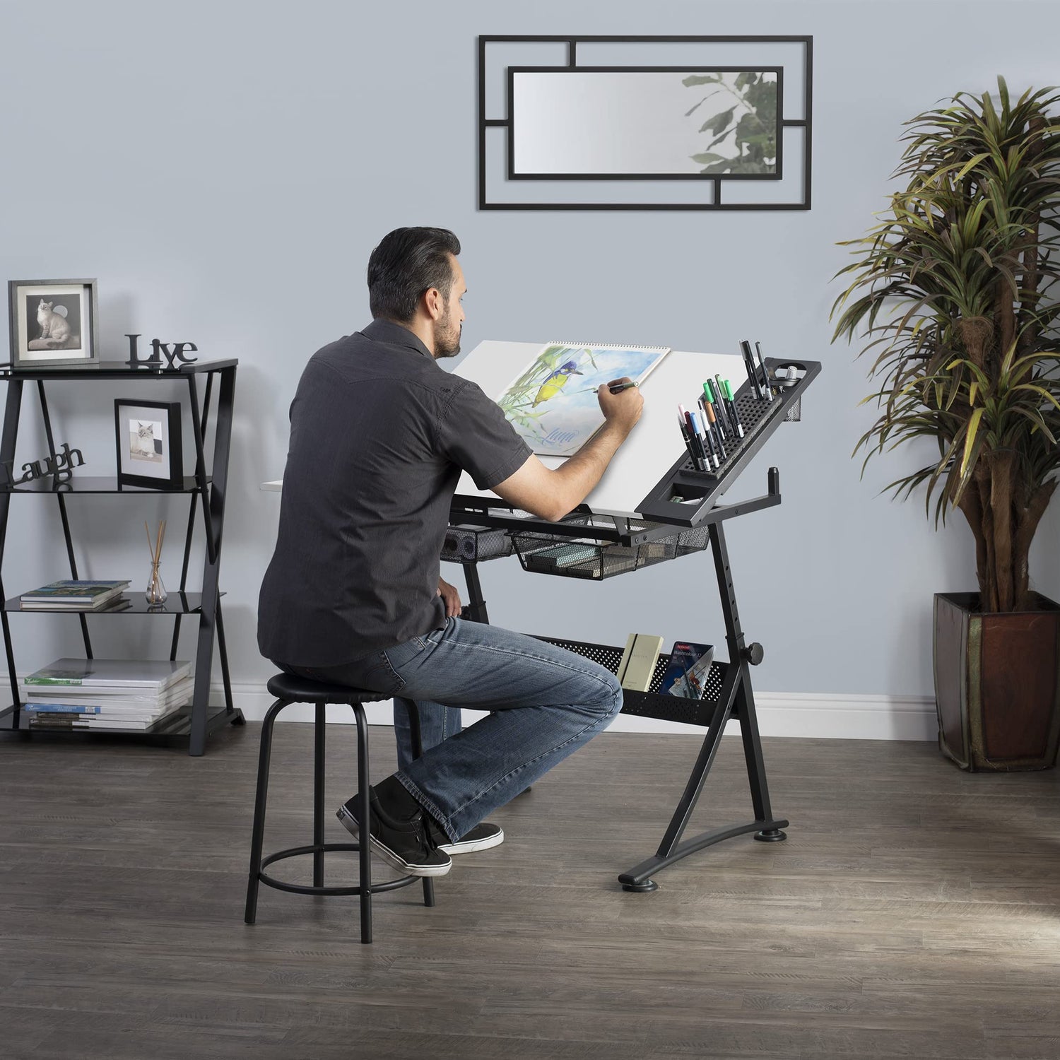 47" W Fusion Craft Center with 24" Supply Tray, 60 Degree Angle Adjustable Top and Height Adjustable from 27.75" – 35.5" when Flat, Stool and SD STUDIO DESIGNS