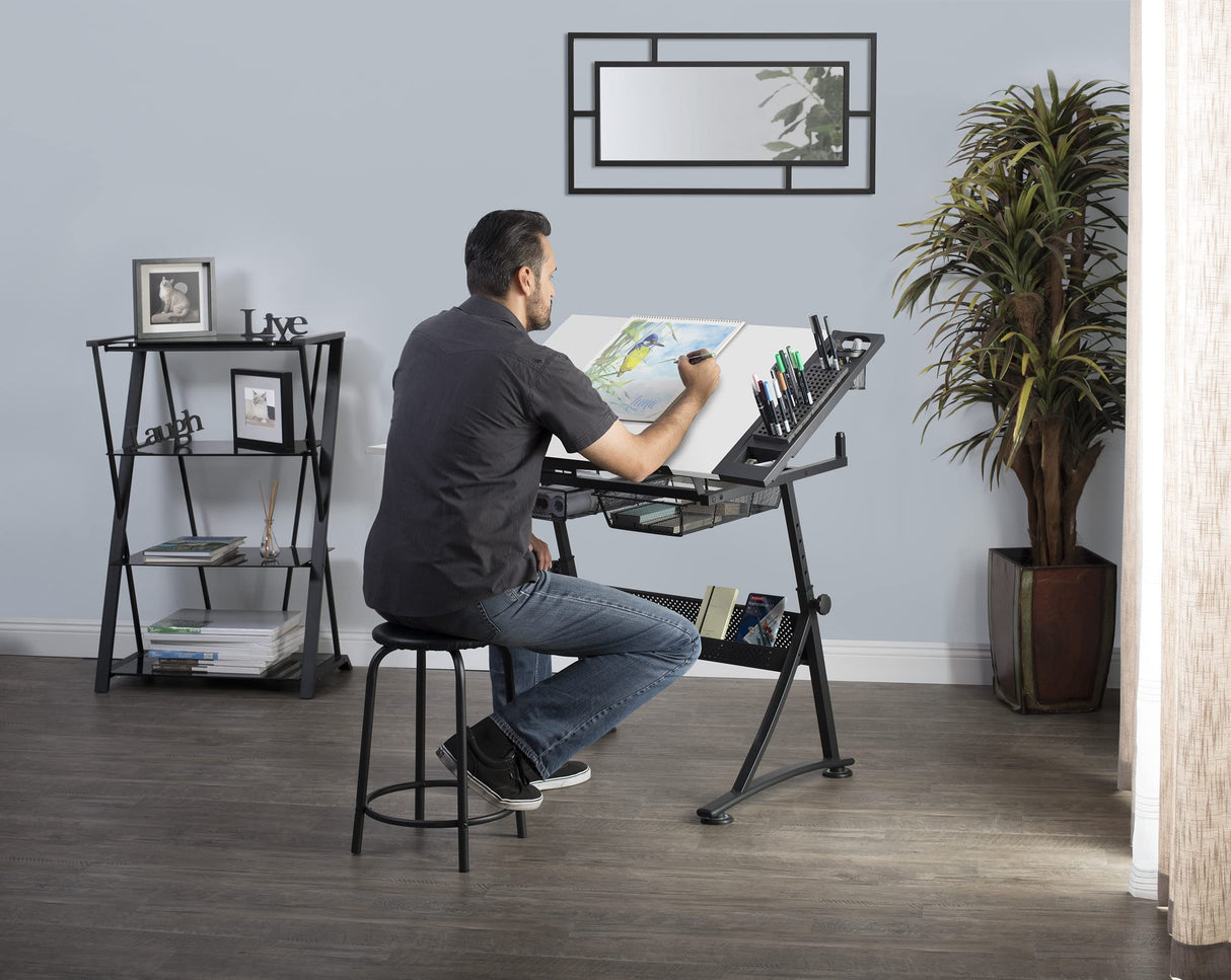 47" W Fusion Craft Center with 24" Supply Tray, 60 Degree Angle Adjustable Top and Height Adjustable from 27.75" – 35.5" when Flat, Stool and SD STUDIO DESIGNS