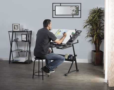 47" W Fusion Craft Center with 24" Supply Tray, 60 Degree Angle Adjustable Top and Height Adjustable from 27.75" – 35.5" when Flat, Stool and SD STUDIO DESIGNS