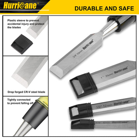 HURRICANE 4 Piece Wood Chisel Set for Woodworking, CRV Steel Beveled Edge Sharp Blade with Caps, Extra Large Size Durable PVC High Impact Handle, HURRICANE