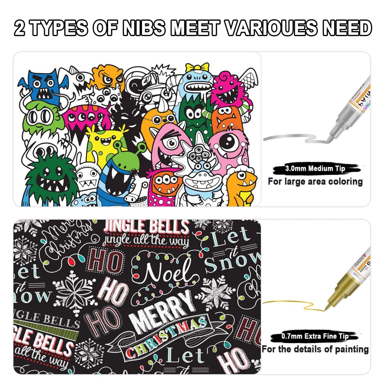 Betem Oil Based Paint Markers, Dual Tip Paint Pens(0.7mm & 3mm), Gold Silver Permanent Paint Marker Pen, Waterproof, Quick Dry, for Fabric, Rock Betem