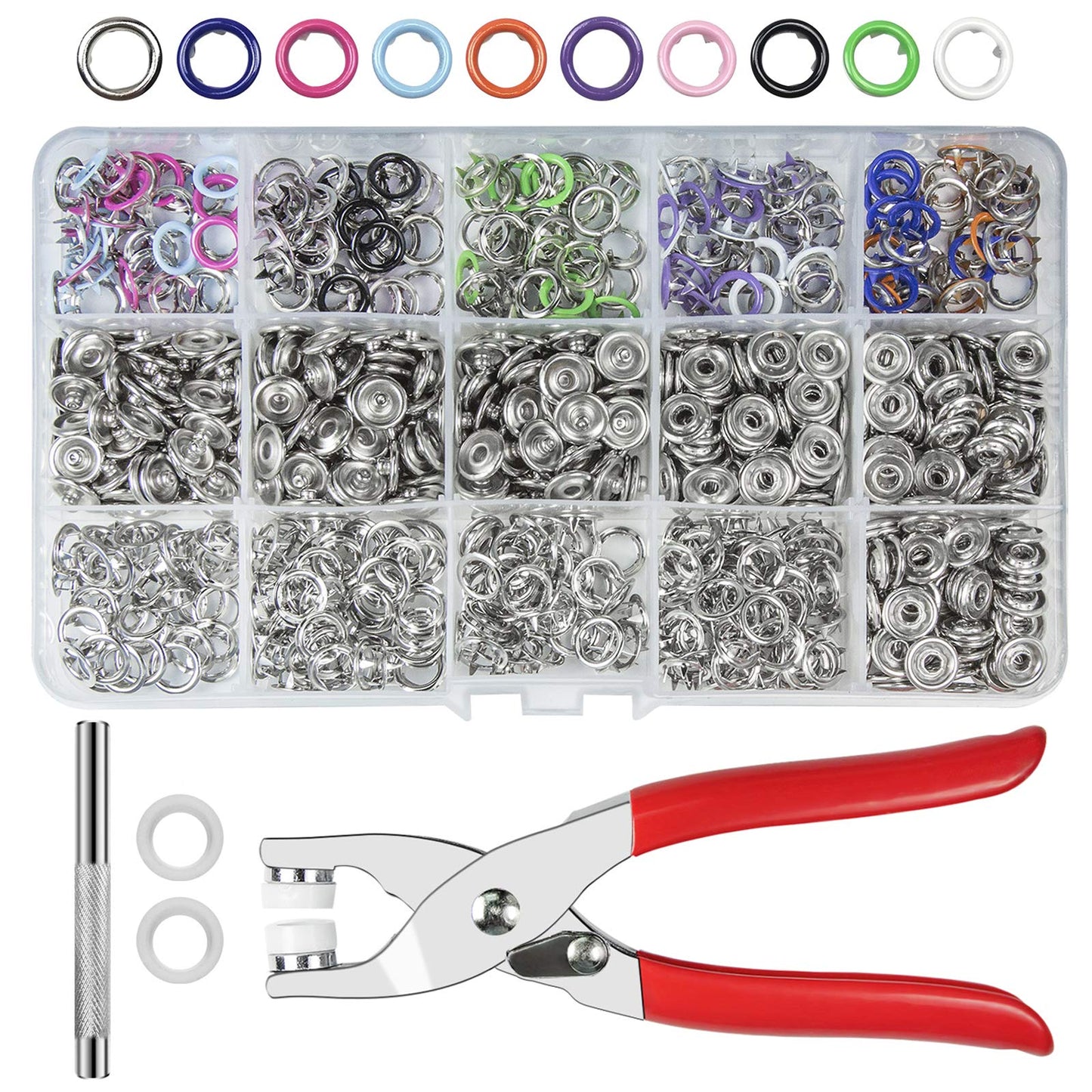 CHEPULA Craftsmanship DIY 200 Sets Metal Snaps Buttons with Fastener Pliers Press Tool Kit for Sewing and Crafting (10 Colors,9.5mm) (Hollow)