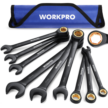 WORKPRO 9-Piece Anti-Slip Ratcheting Combination Wrench Set, Metric 8-19 mm, 72-Tooth, Cr-V Constructed, Black Ratchet Wrenches Set with Roll Up WORKPRO