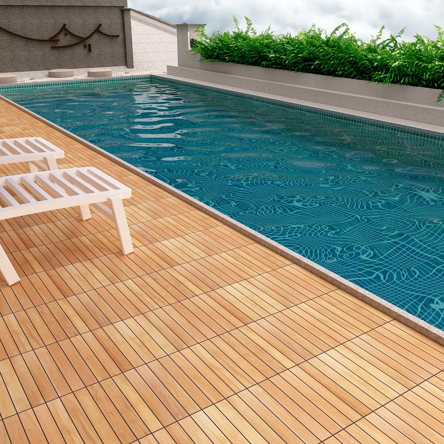 TimberWave Pack of 20 Deck Tiles, Solid Acacia Wood Floor Tiles, Patio Tiles Outdoor Interlocking Waterproof All Weather (12" x 12" - 6 Slat, Golden - WoodArtSupply