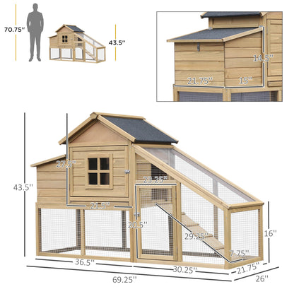 PawHut 69" Wooden Chicken Coop, Poultry Cage Hen House with Connecting Ramp, Removable Tray, Ventilated Window and Nesting Box, Natural - WoodArtSupply