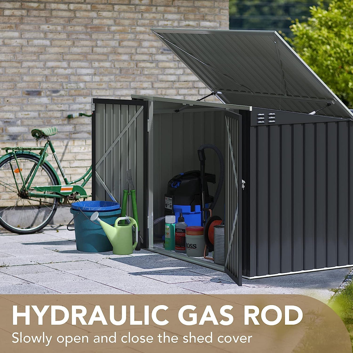 Devoko Outdoor Storage Shed 5.8 x 3.3 FT Metal Trash Shed Waterproof Outside Storage with Lid Chain Hydraulic Gas Rod for Trash Can Toys Weeding Devoko