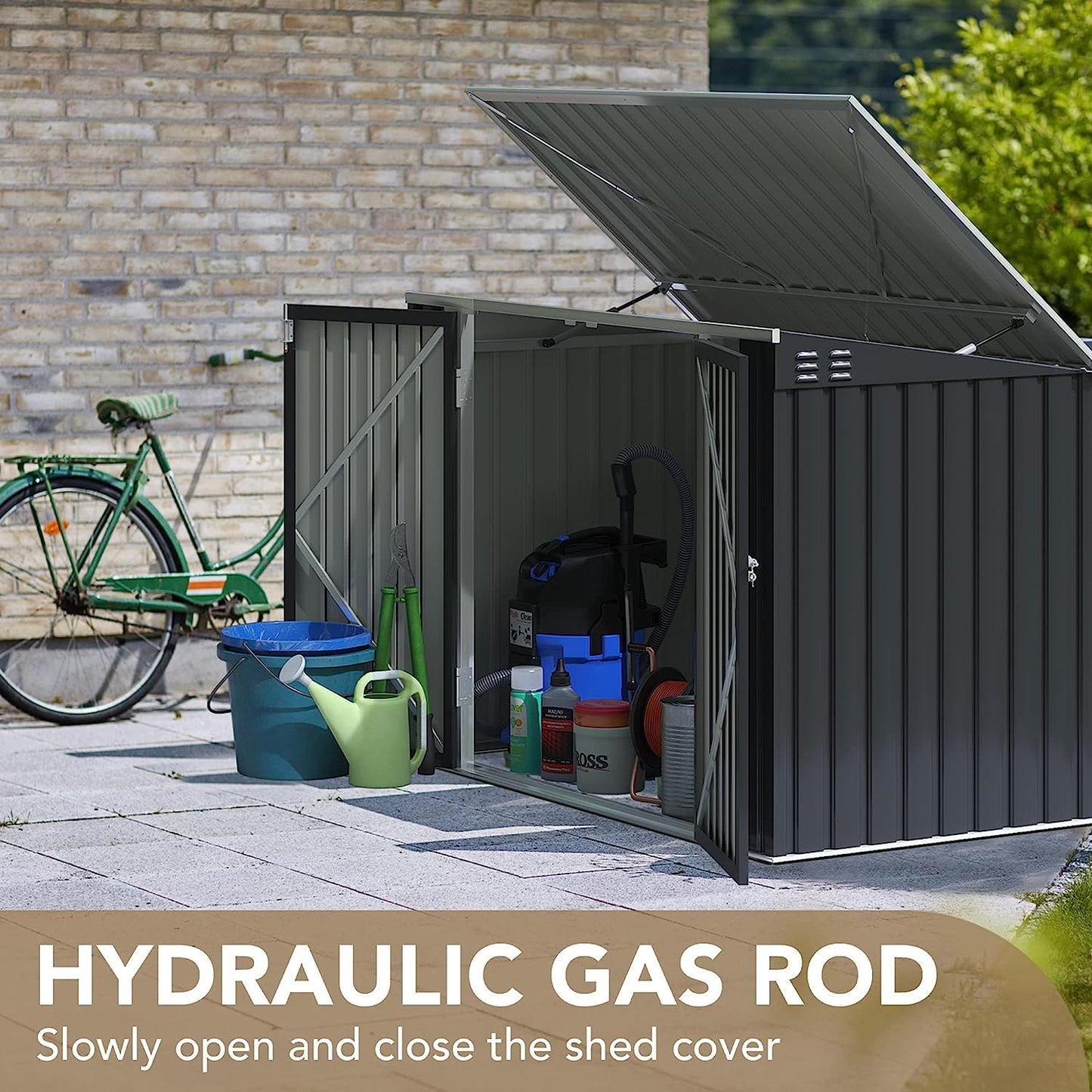 Devoko Outdoor Storage Shed 5.8 x 3.3 FT Metal Trash Shed Waterproof Outside Storage with Lid Chain Hydraulic Gas Rod for Trash Can Toys Weeding