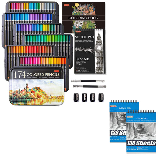 Shuttle Art Colored Pencils and Sketch Pad Bundle, Set of 174 Colors Professional Colored Pencils + 260 Sheets Sketch Pad - WoodArtSupply