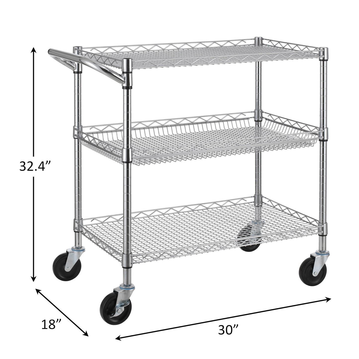 Finnhomy 3 Tier Heavy Duty Commercial Grade Utility Cart, Wire Rolling Cart with Handle Bar, Steel Service Cart with Wheels, Utility Shelf Plant