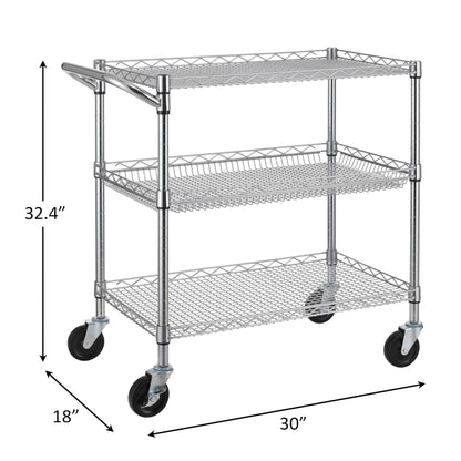 Finnhomy 3 Tier Heavy Duty Commercial Grade Utility Cart, Wire Rolling Cart with Handle Bar, Steel Service Cart with Wheels, Utility Shelf Plant