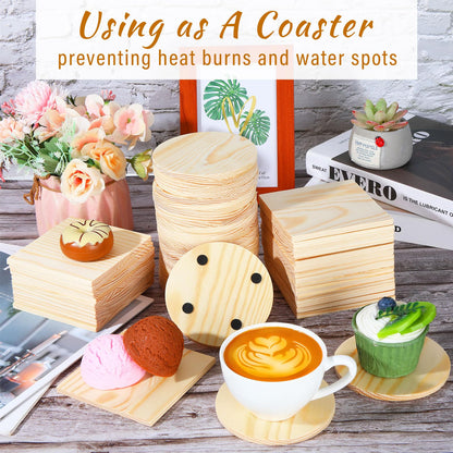 Wenqik 144 Pieces Unfinished Wood Coasters 4 Square and Round Blank Wooden Craft Coasters with 580 Pcs Non Slip Silicon Dots for DIY Drinks Stained