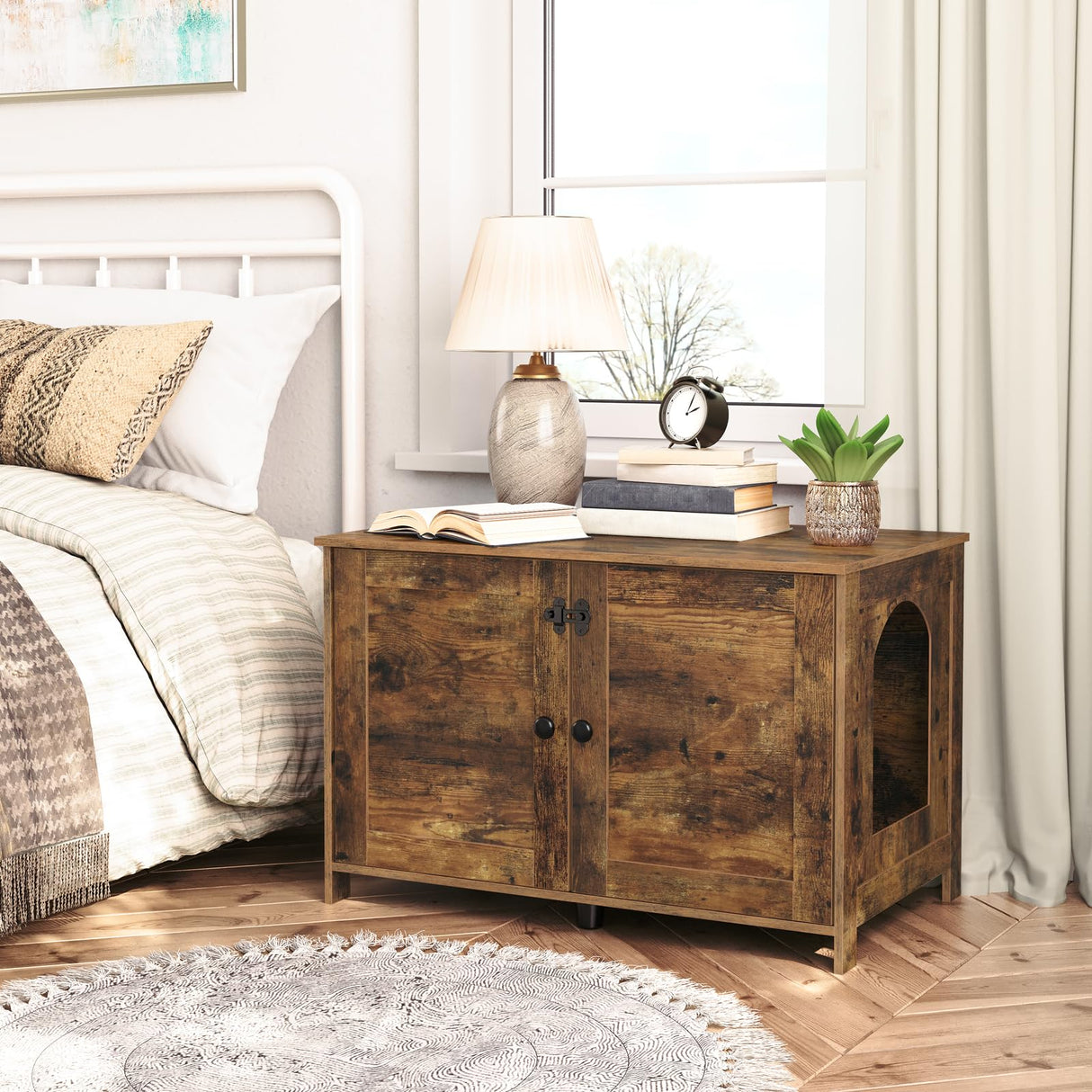 HOOBRO Cat Litter Box Enclosure, Cat Litter Box Furniture with Divider, Hidden Litter Box Furniture, Wooden Pet House, End Side Table, 31.5"L x HOOBRO