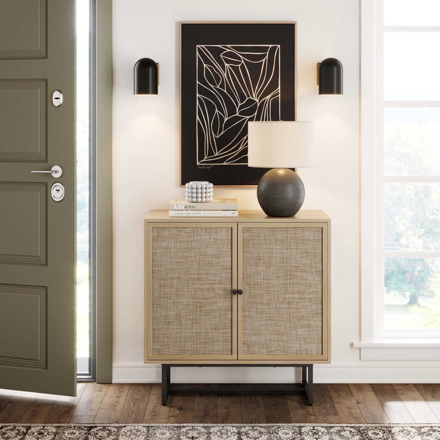Nathan James Accent Storage Boho Modern Free Standing Buffet Sideboard Cabinet for Hallway, Entryway, Dining Living Room, 1, Light Oak/Black Nathan James