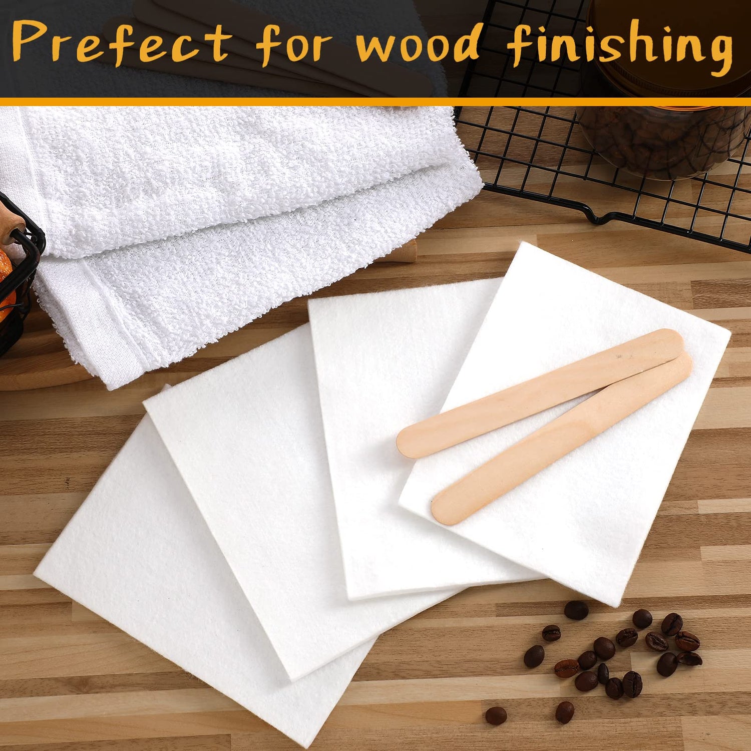 27 Pieces Wood Wax Applicator, Includes 15 White Non-Woven Pads 2 Terry Cloth Buffing Towels and 10 Stirring Sticks for Polishing Cutting Board and Oudain