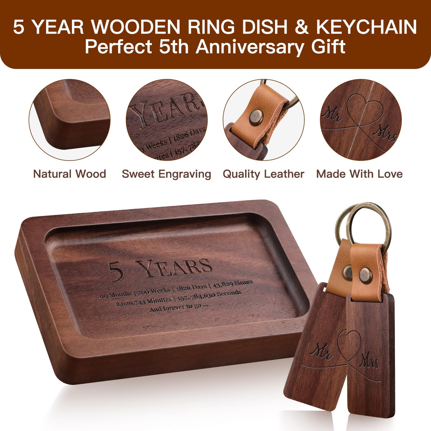 MISTOD Wood Ring Dish & Keychain- Engraved Rectangle Ring Tray Small Jewelry Dish, 5th Marriage Anniv Gifts Set | 5 Year Wedding Anniv Valentine's - WoodArtSupply