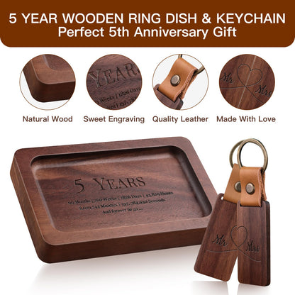 MISTOD Wood Ring Dish & Keychain- Engraved Rectangle Ring Tray Small Jewelry Dish, 5th Marriage Anniv Gifts Set | 5 Year Wedding Anniv Valentine's - WoodArtSupply