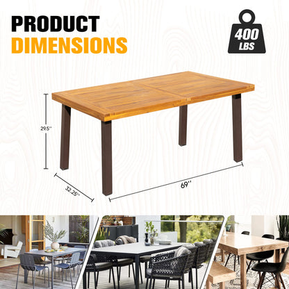 Flamaker Dining Table for 6 Acacia Wood Indoor Outdoor Home Kitchen Table with Iron Legs Large Rectangular Patio Table for Deck, Sunroom - WoodArtSupply