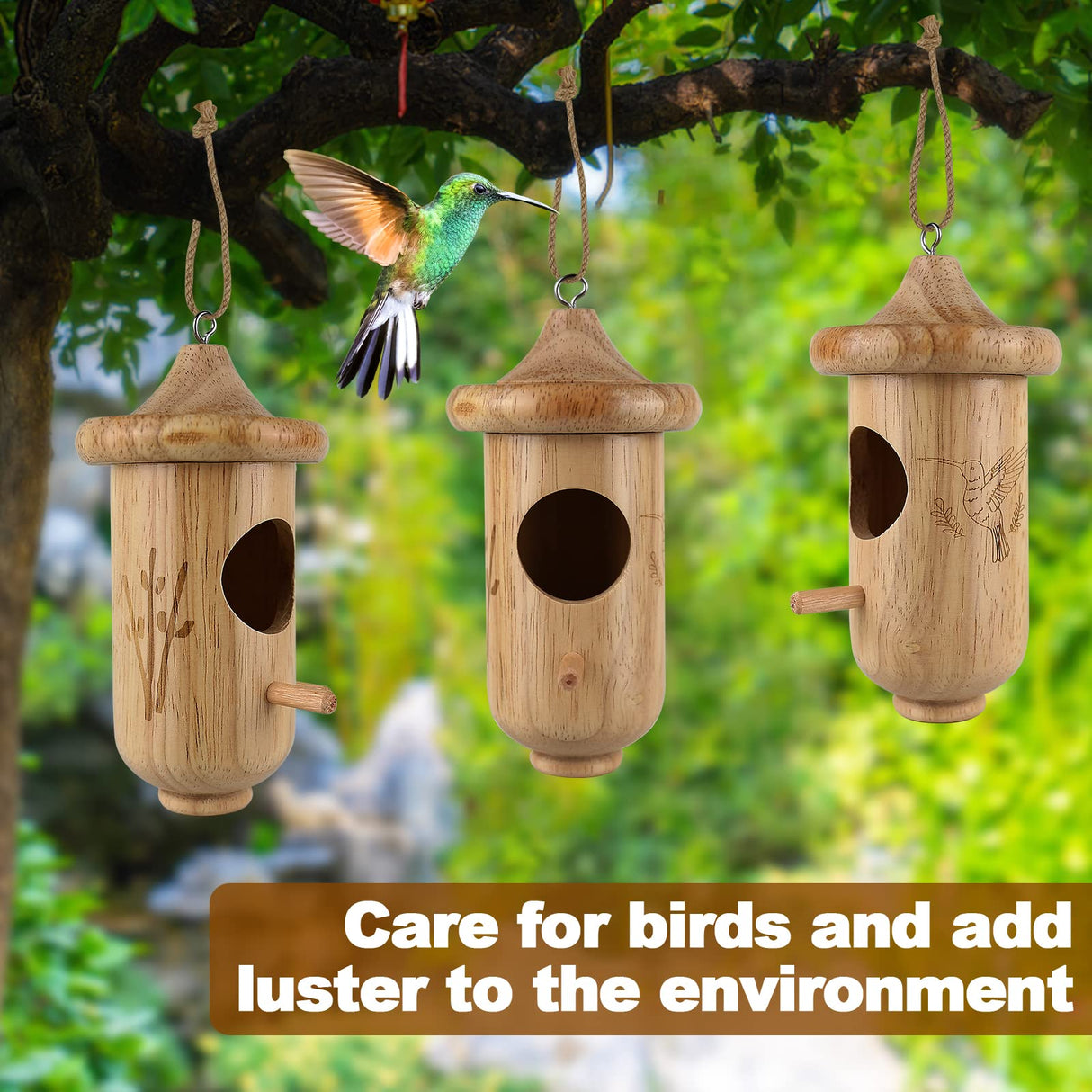 Hummingbird House for Outside Hanging, Wooden Hummingbird Gifts Nest 3 Pack with Hemp Ropes, Gardening Gifts Humming Bird Houses Home Decoration BESWORLDS