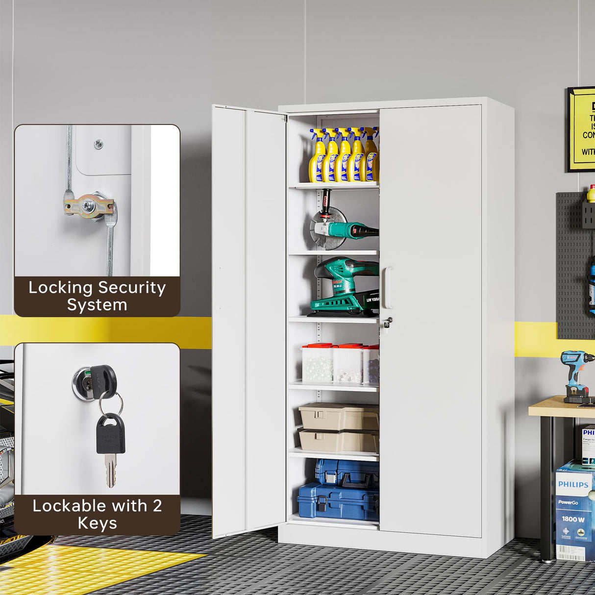 AFAIF Metal Storage Cabinet with Lock,71" White Garage Cabinet with 2 Doors and 5 Adjustable Shelves, Steel Locking Cabinets Tall Tool Storage AFAIF