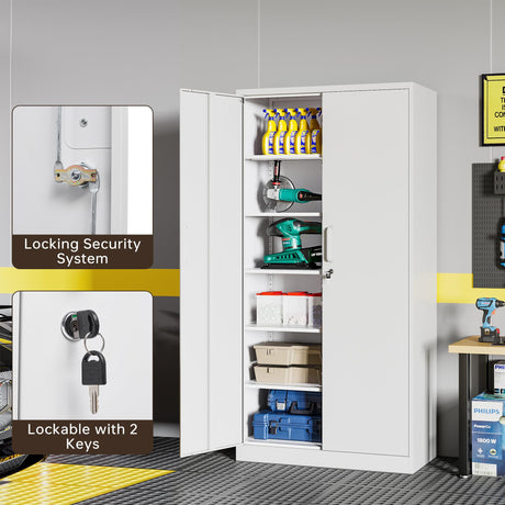 AFAIF Metal Storage Cabinet with Lock,71" White Garage Cabinet with 2 Doors and 5 Adjustable Shelves, Steel Locking Cabinets Tall Tool Storage AFAIF