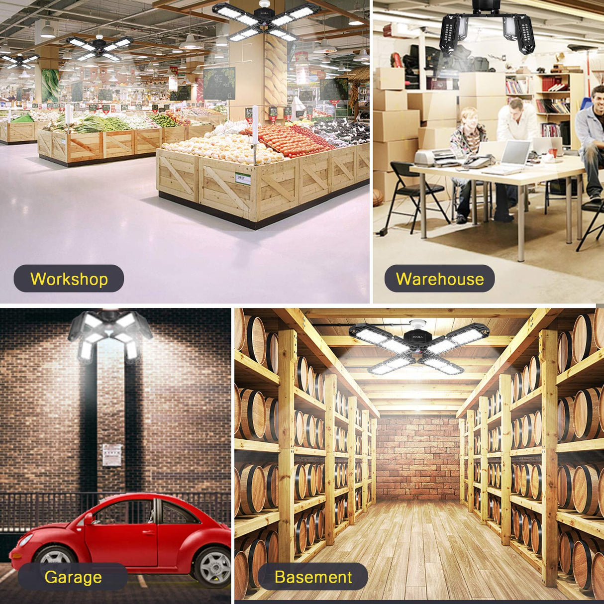 PINSAI LED Garage Light,Super Bright Screw in E26/E27 Ceiling Shop Work Lamp, 150W 15000 Lumen Deformable Basement Bulb Fixture with 8 Adjustable PINSAI