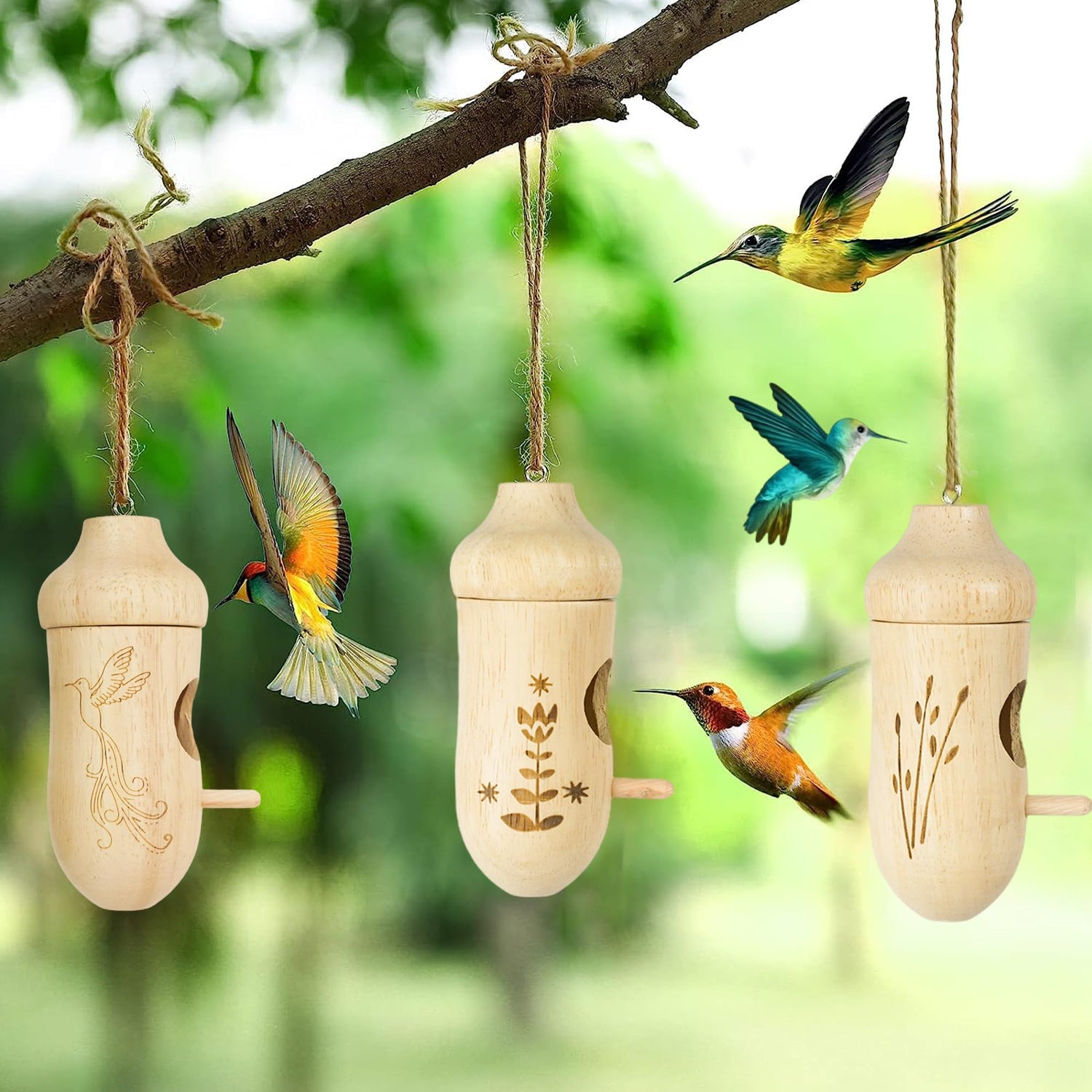 Thread Detachable Hummingbird Houses，Natural Wooden Hummingbird Houses for Outside Hanging，Premium Bird Houses for Garden Window Outdoor Home,3 LPUSA