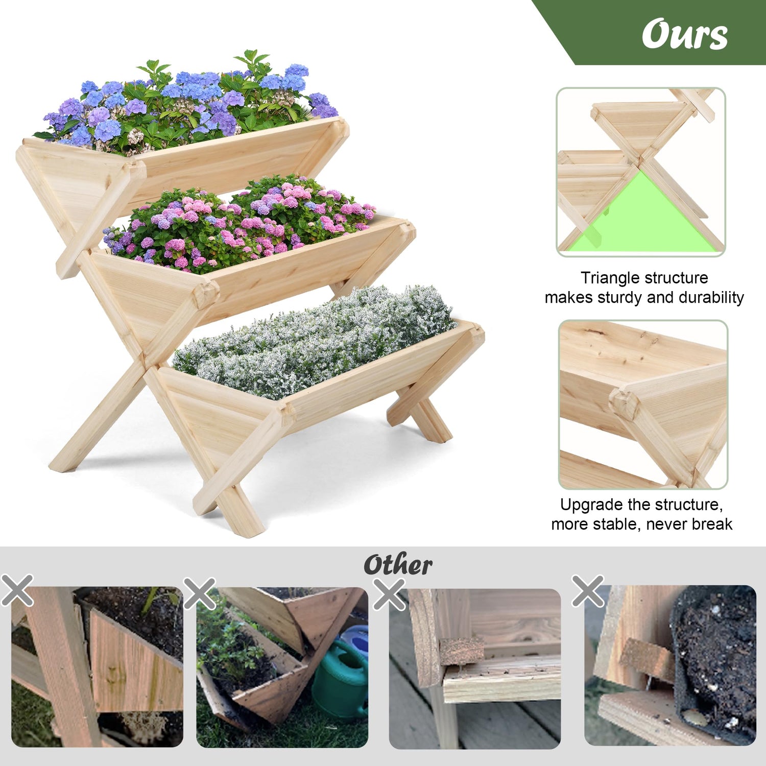 Notume 3 Tiers Wooden Vertical Raised Garden Bed with Legs,Planter Raised Beds Kit for Flowers Herbs Vegetables, Natural Notume