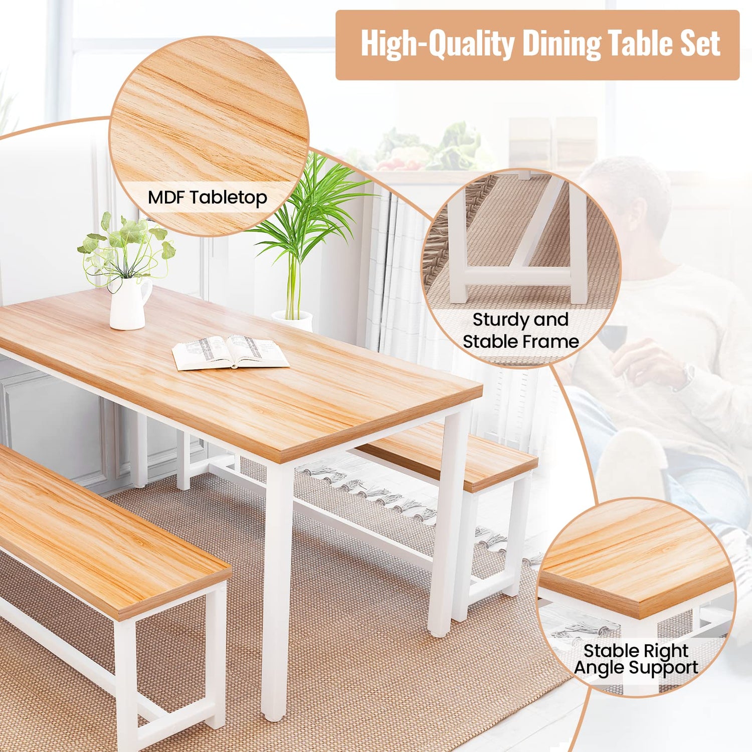 Recaceik Dining Table Set for 4 Kitchen Table Set with 2 Dining Benches, 3 Piece Farmhouse Dining Room Table Set Industrial Breakfast Nook Table Set Recaceik