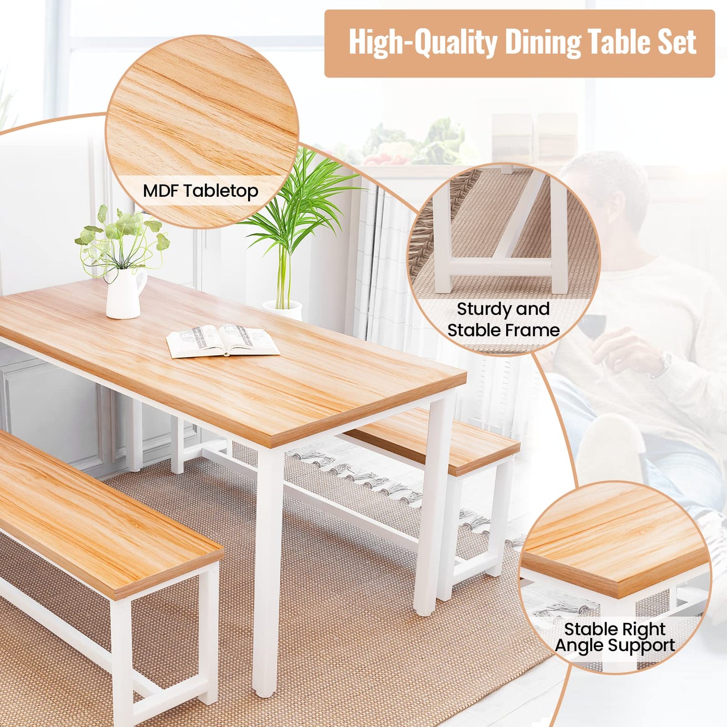 Recaceik Dining Table Set for 4 Kitchen Table Set with 2 Dining Benches, 3 Piece Farmhouse Dining Room Table Set Industrial Breakfast Nook Table Set