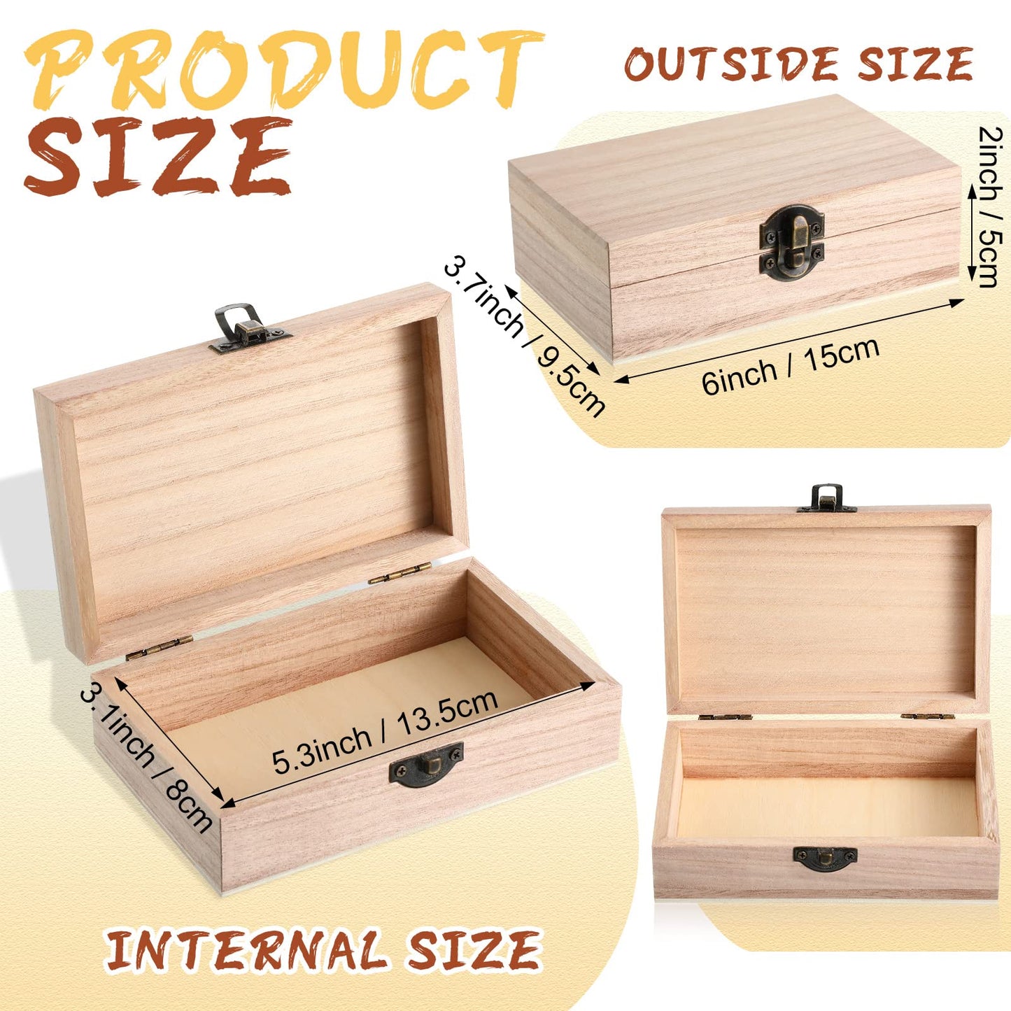 Yookeer Unfinished Wooden Boxes with Hinged Lid Wood Bulk Box for Crafts Rectangle Keepsake Box Front Clasp Wooden Storage Box for Crafts Paint DIY