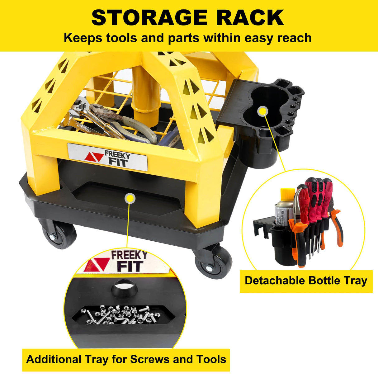 FreekyFit Rolling Shop Stool for Garage with Casters, DO02-Adjustable Height 360° Swivel Shop Seat with Tool Tray Storage, 330 LBS Capacity Padded FreekyFit