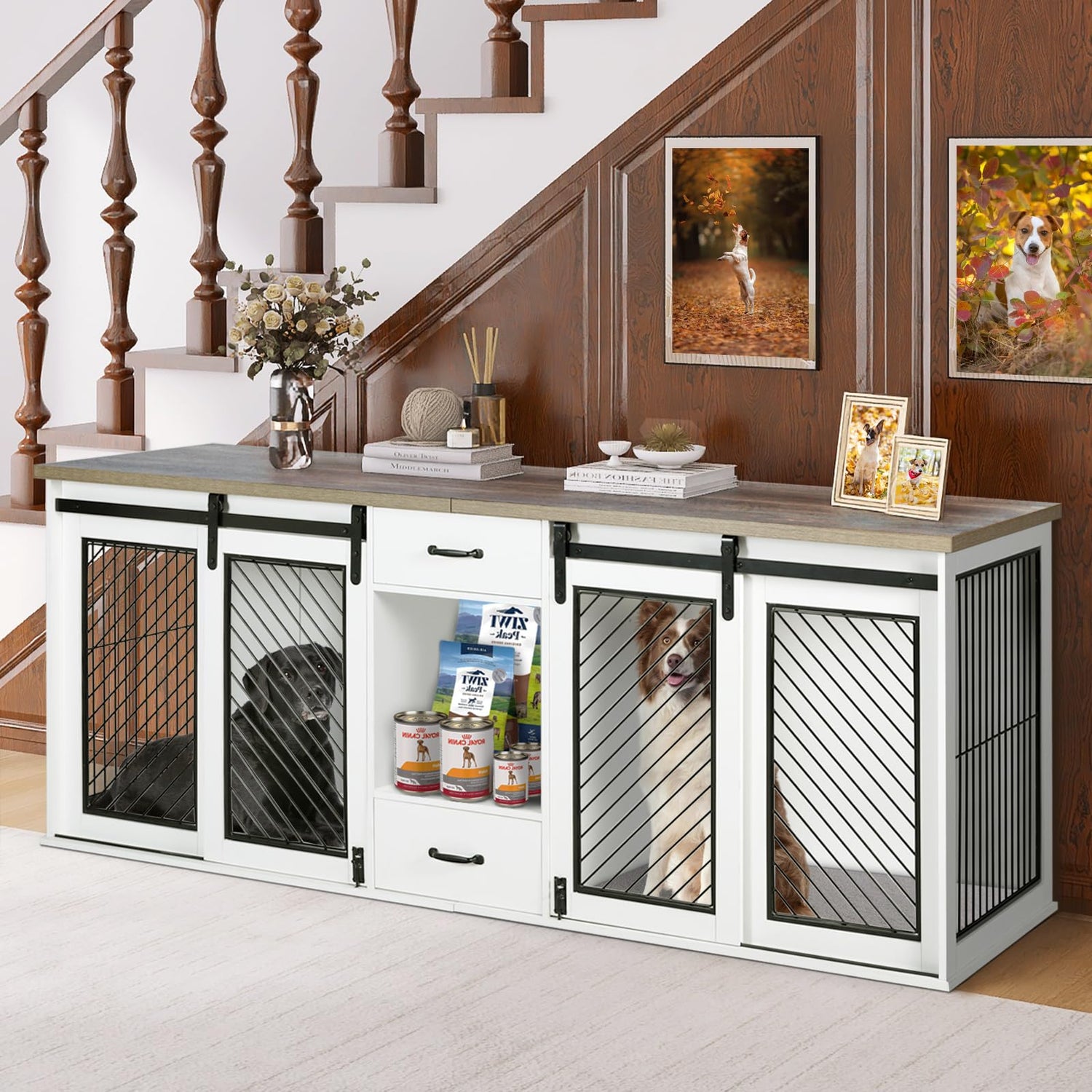 Extra Large Dog Crate Furniture, 85" Sliding Door Double Kennel for 2 Large Dogs Divided, Heavy Duty Wooden Dog Crate Kennel Furniture with 4 Dog okcomuy