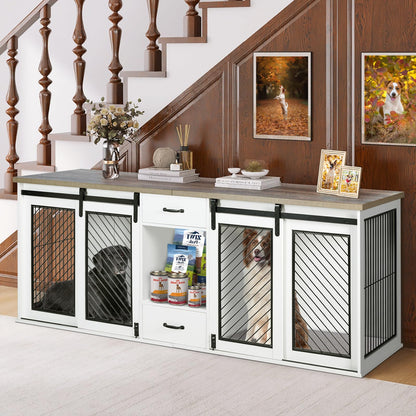 Extra Large Dog Crate Furniture, 85" Sliding Door Double Kennel for 2 Large Dogs Divided, Heavy Duty Wooden Dog Crate Kennel Furniture with 4 Dog