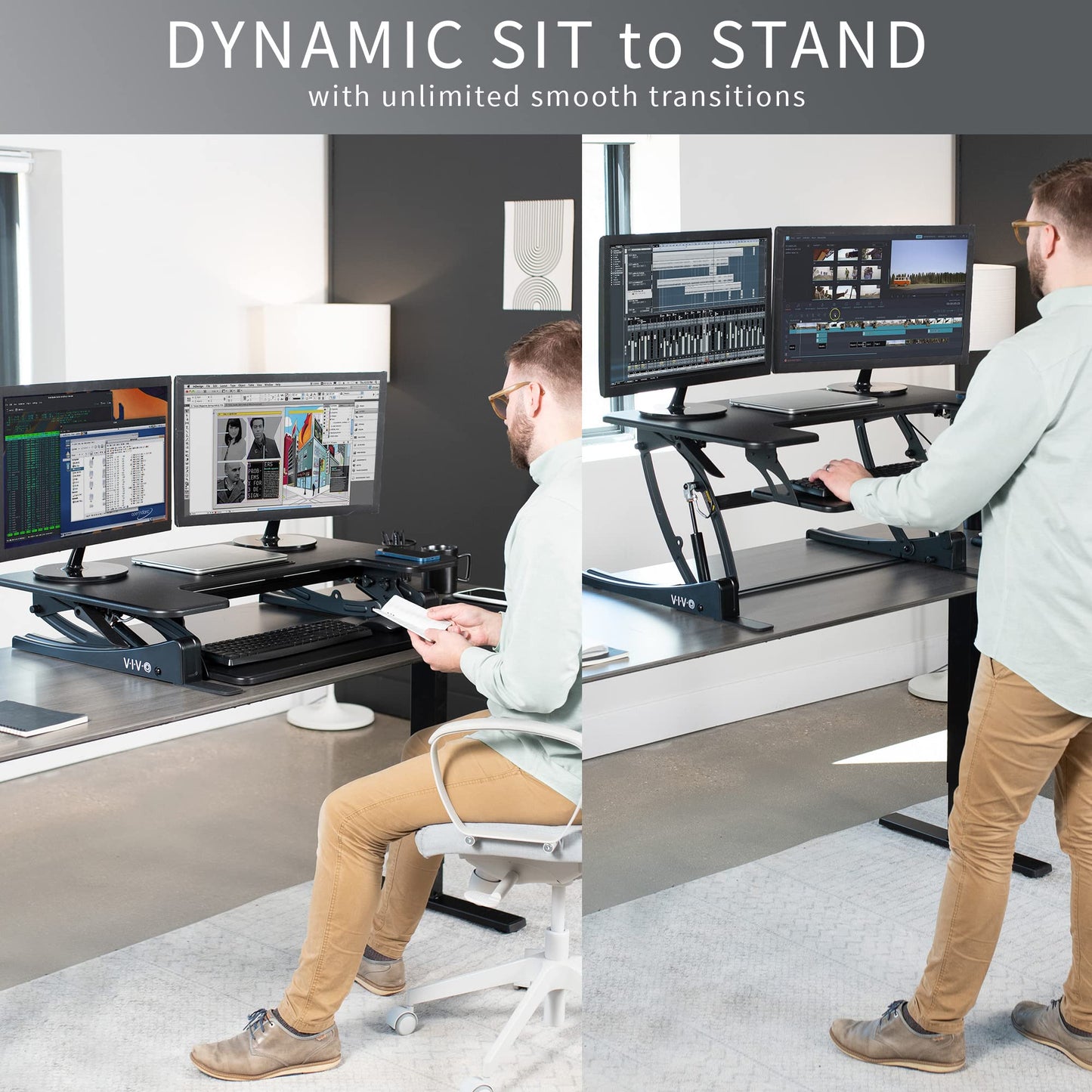 VIVO 36 inch Height Adjustable Stand Up Desk Converter, V Series, Quick Sit to Stand Tabletop Dual Monitor Riser Workstation, Black, DESK-V000V