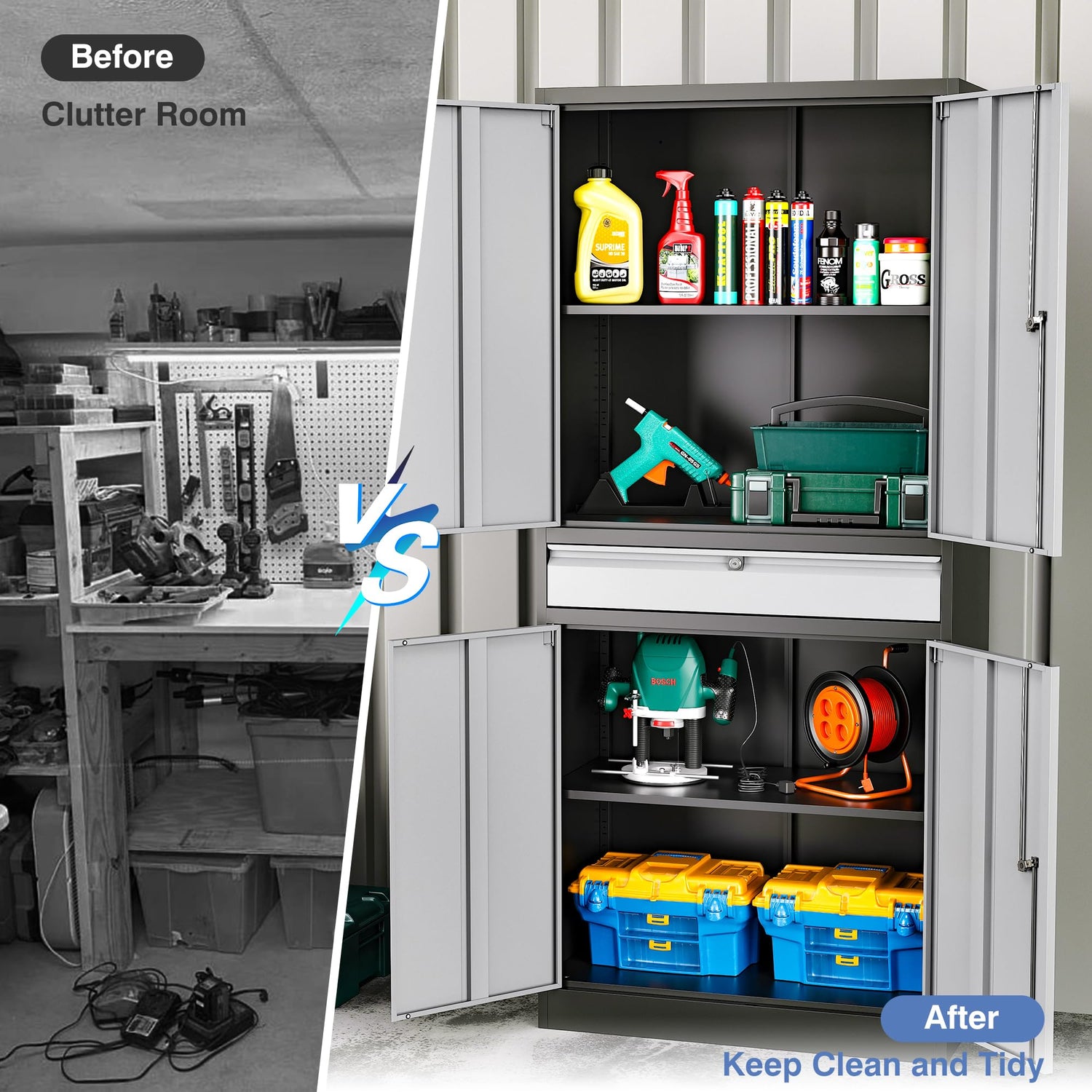 LISSIMO Metal Garage Storage Cabinet with Drawer, 71" Garage Storage Cabinet with Adjustable Shelves and 4 Doors, Lockable Lateral File Cabinet for LISSIMO