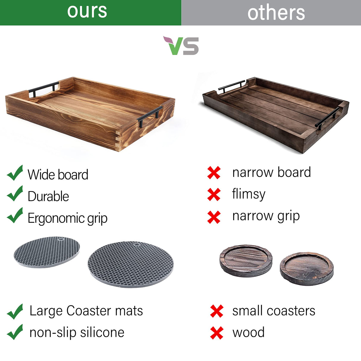 LotFancy Large Ottoman Tray for Living Room, 17x13'' Wood Serving Tray with Handles, Home Décor for Coffee Table, Sofa, 2 Skidproof Coasters Included LotFancy