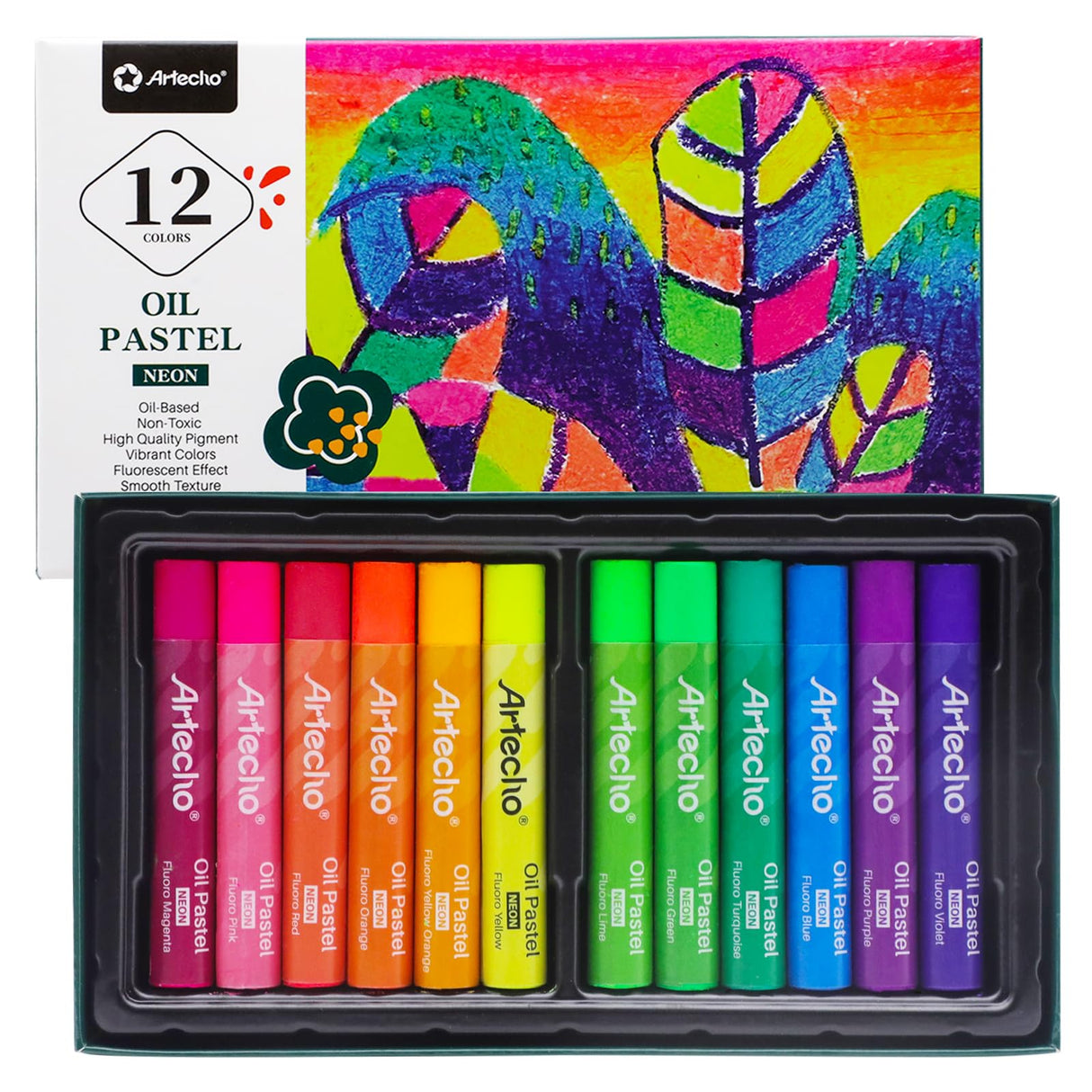 Artecho Neon Oil Pastels Set of 12 Colors (10x70mm), Soft Oil Pastels for Art Painting, Drawing, Blending, Oil Crayons Pastels Art Supplies for Artecho