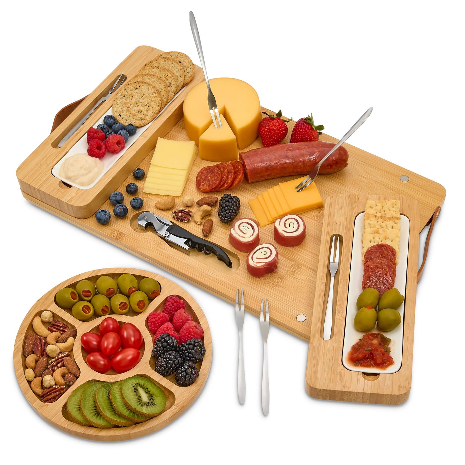 Bamboo Cheese Board Set - Charcuterie Boards Serving Platter - Magnetic Removable Side Boards - Gift for Housewarming, Anniversary, and Birthdays - House Ur Home