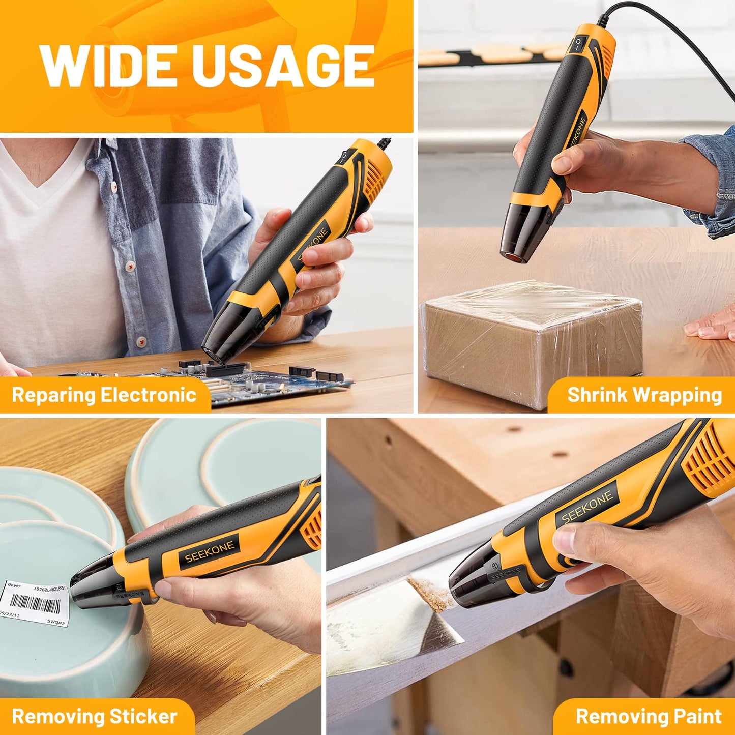 SEEKONE Mini Heat Gun, 350W 662℉ (350℃) Fast Heat Handheld Hot Air Gun Tool with Reflector Nozzle and 4.9Ft Long Cable Overload Protection for Craft Embossing, Shrink Wrapping and Stripping Paint